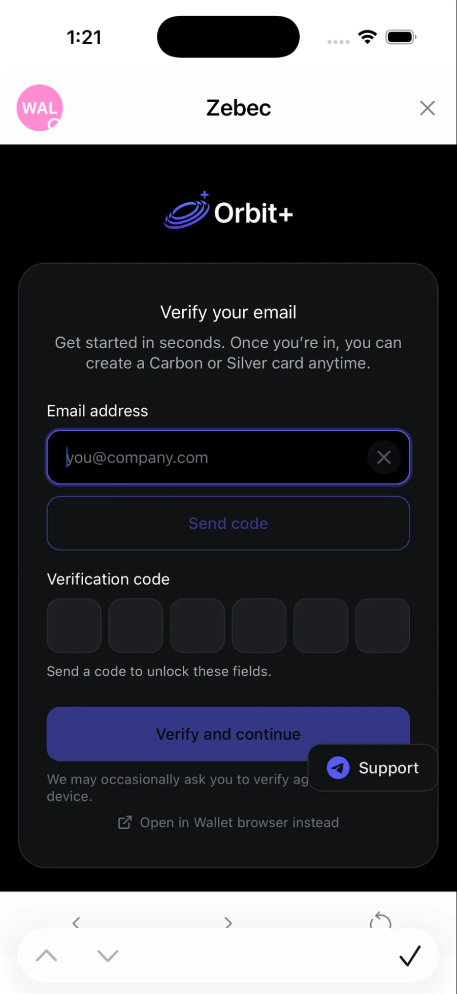 Verify your email screen with an email field and a six digit code