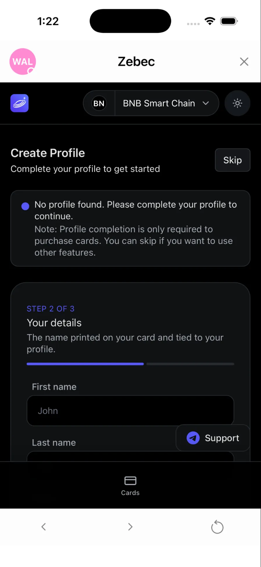 Create profile screen asking for first and last name