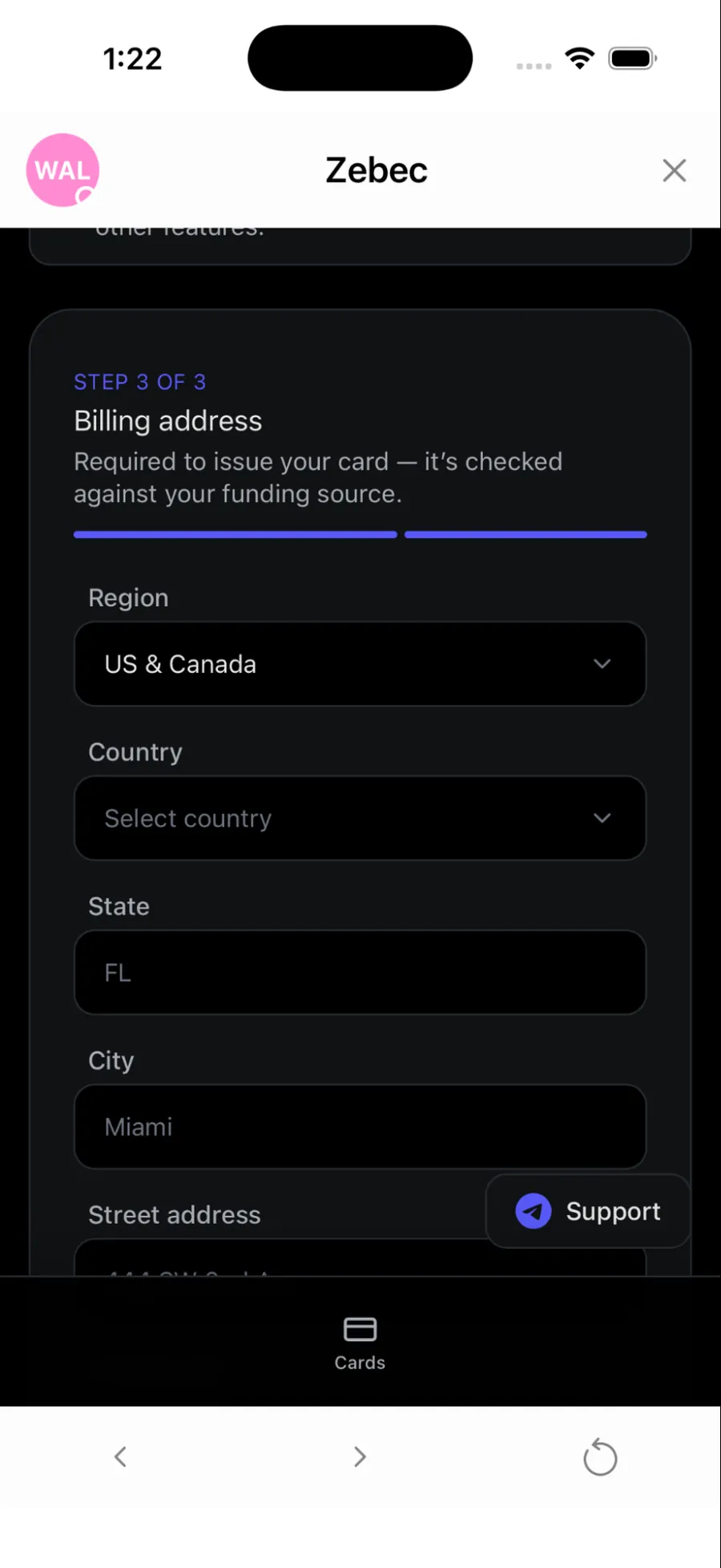 Billing address step with region, country, state and city fields