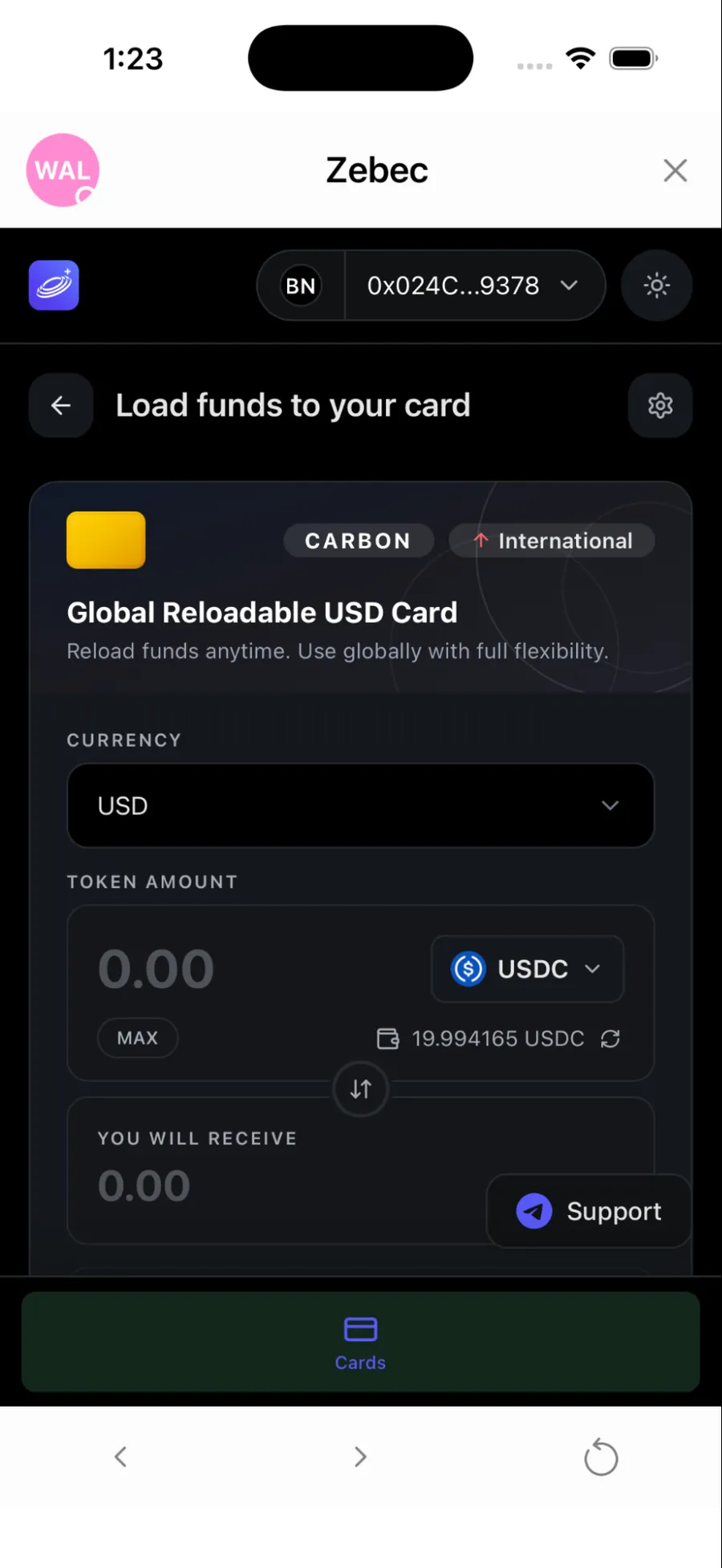 Load funds to your card screen with a USD amount and USDC selected