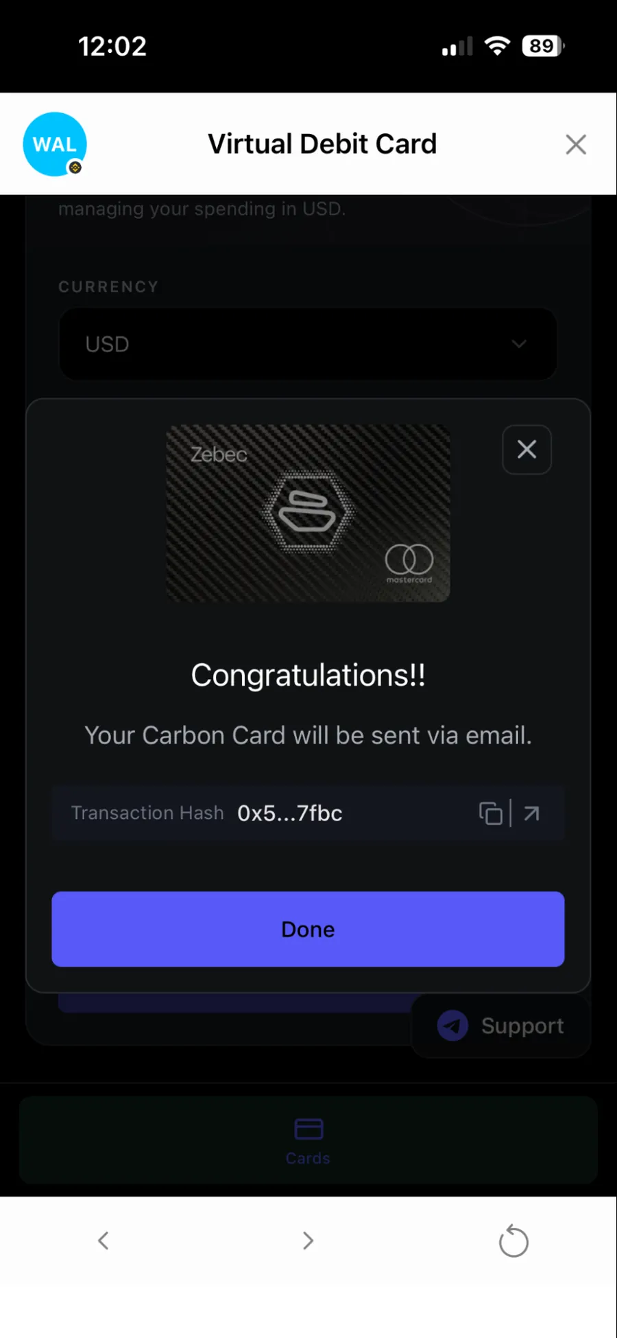 Congratulations screen saying the card will be sent via email