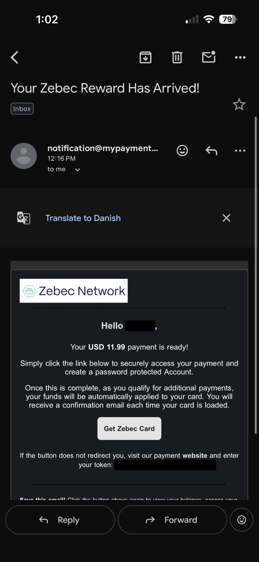 Email titled Your Zebec Reward Has Arrived with a Get Zebec Card button