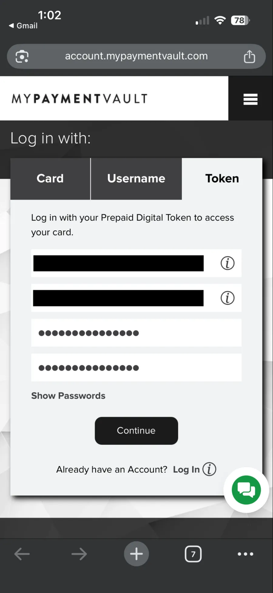 MyPaymentVault log in screen with password fields