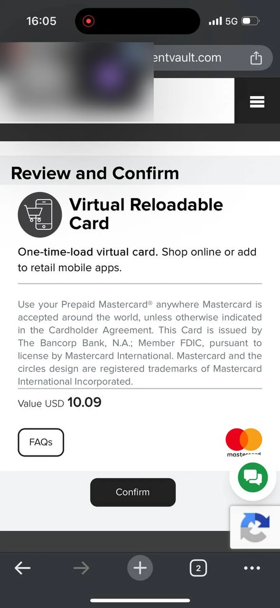 Review and confirm screen for the Virtual Reloadable Card