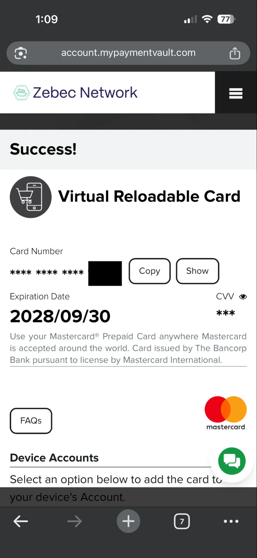 Success screen with masked card number, expiry date and CVV