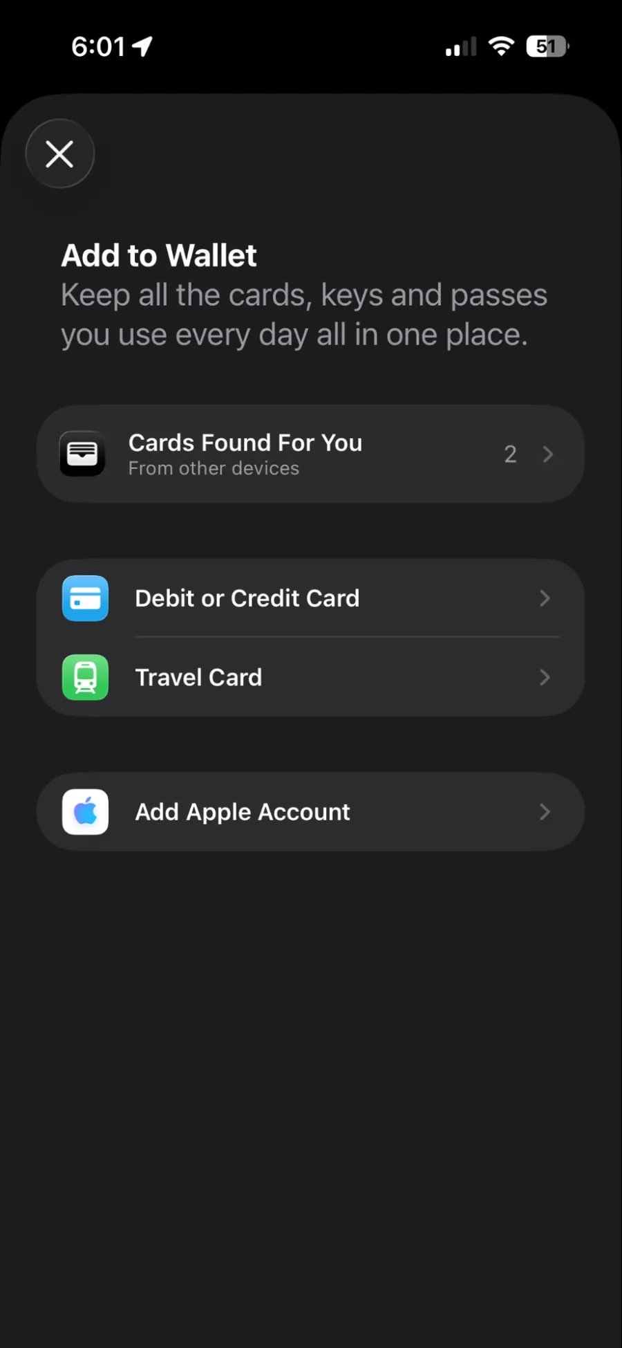 Apple Wallet add to wallet screen with Debit or Credit Card option