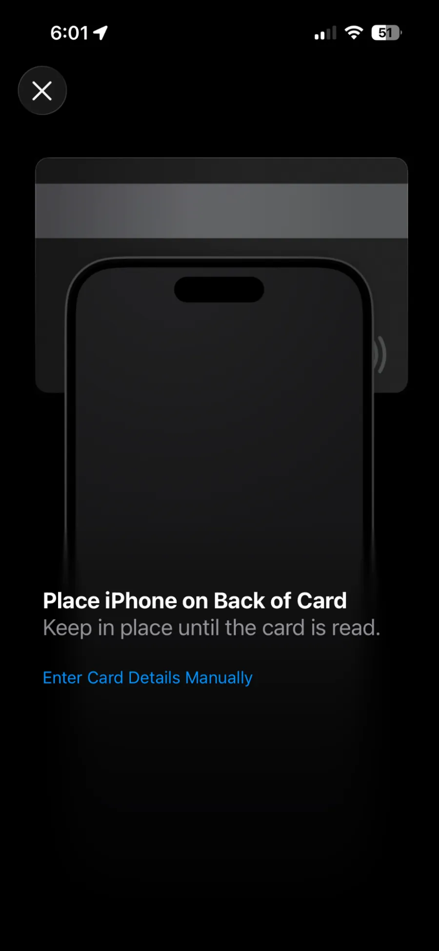 Apple Wallet card scan screen with Enter Card Details Manually link