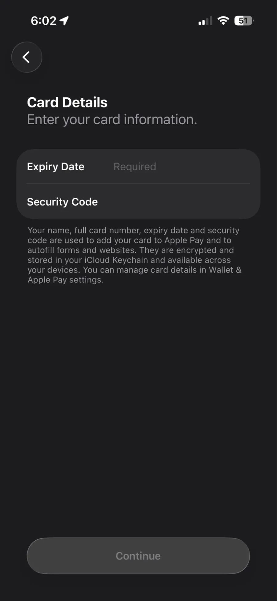 Apple Wallet card details form with expiry date and security code